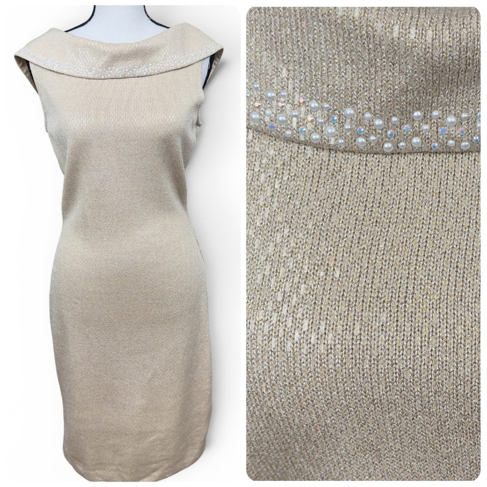 St. John Evening Gold Metallic Beaded Dress Size 4 Portrait Neck V-Back Evening